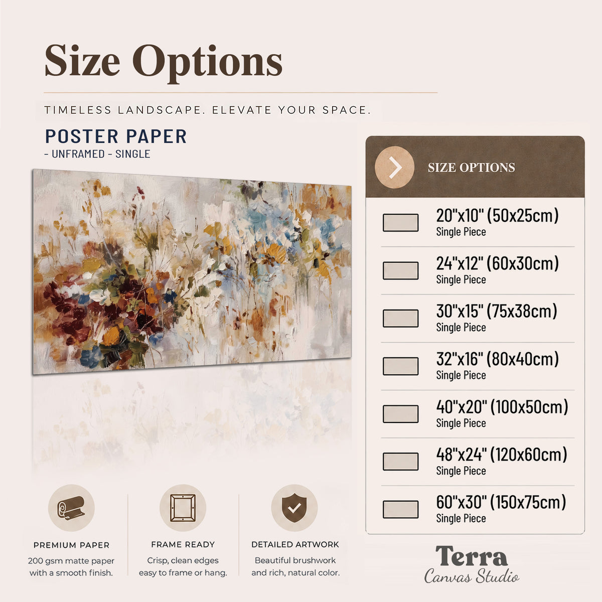 Loose cream, ochre and rust floral shapes with expressive painted-style marks single poster print available dimensions