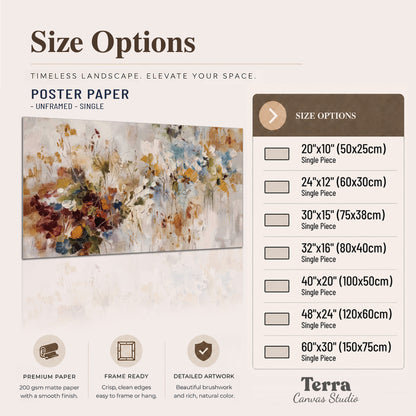 Loose cream, ochre and rust floral shapes with expressive painted-style marks single poster print available dimensions