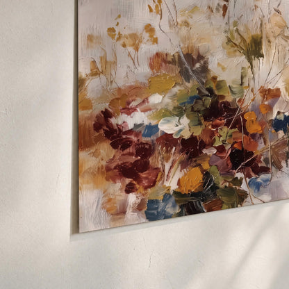 Loose cream, ochre and rust floral shapes with expressive painted-style marks set of 3 poster prints material and edge close up