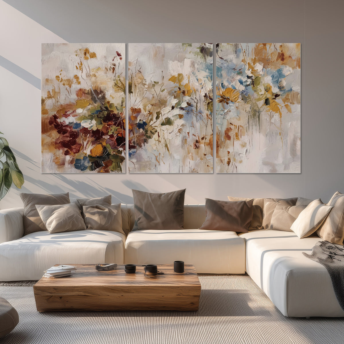 Loose cream, ochre and rust floral shapes with expressive painted-style marks set of 3 poster prints displayed in a living room