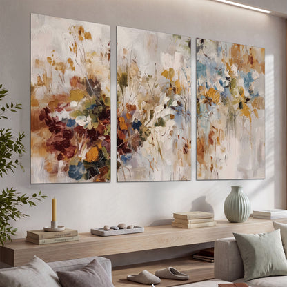 Loose cream, ochre and rust floral shapes with expressive painted-style marks set of 3 poster prints displayed in a console