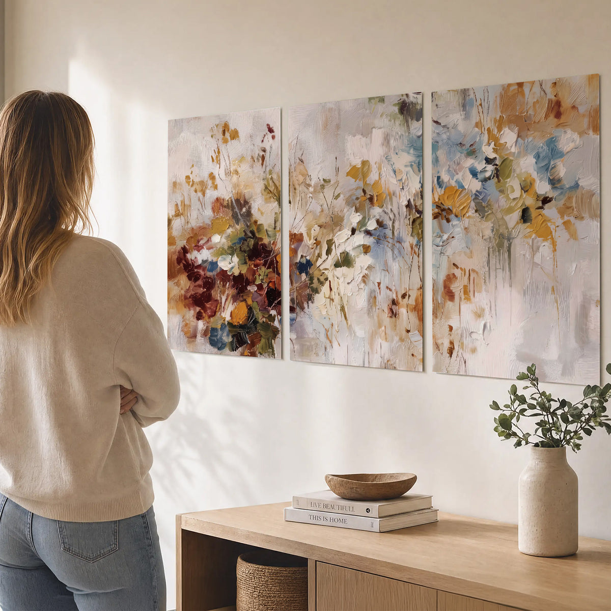 Loose cream, ochre and rust floral shapes with expressive painted-style marks set of 3 poster prints three panel arrangement on a wall
