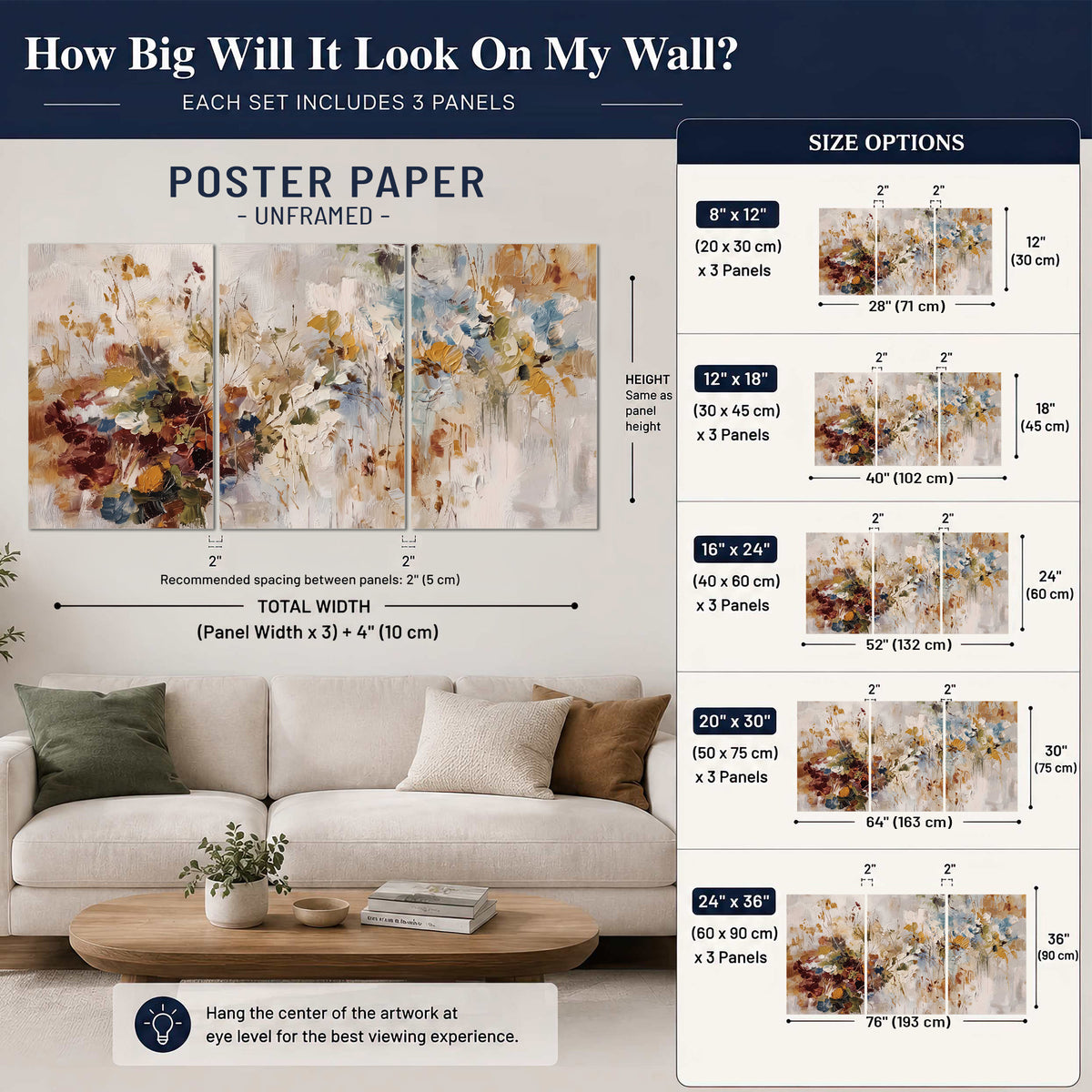 Loose cream, ochre and rust floral shapes with expressive painted-style marks set of 3 poster prints size guide above a sofa; room view is illustrative