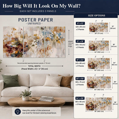 Loose cream, ochre and rust floral shapes with expressive painted-style marks set of 3 poster prints size guide above a sofa; room view is illustrative