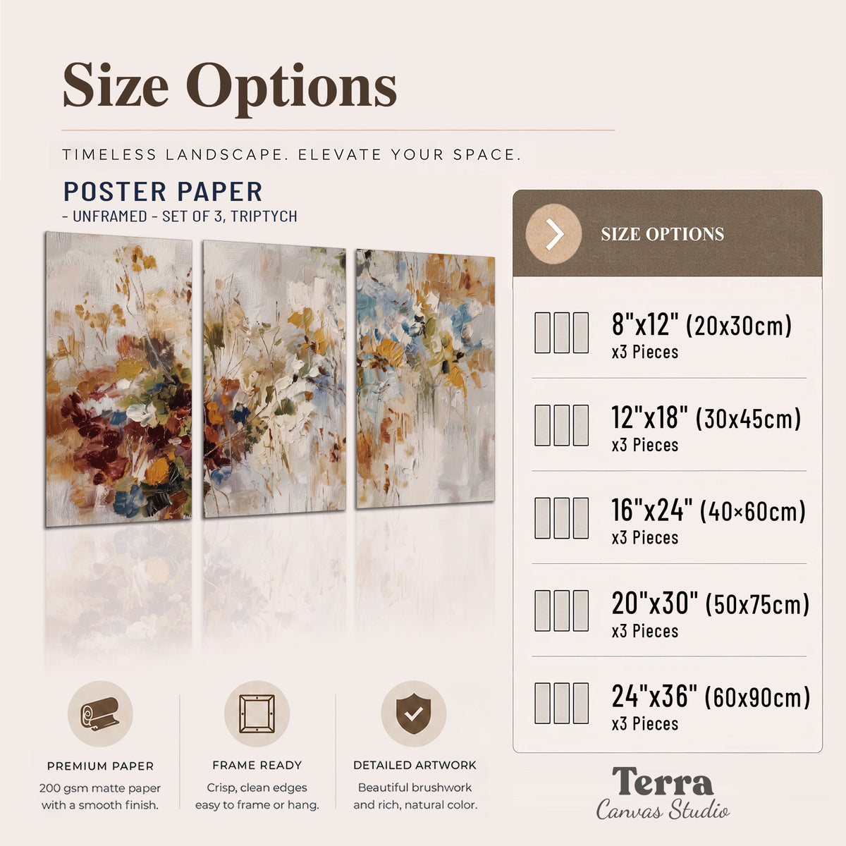 Loose cream, ochre and rust floral shapes with expressive painted-style marks set of 3 poster prints available dimensions; triptych dimensions are per panel