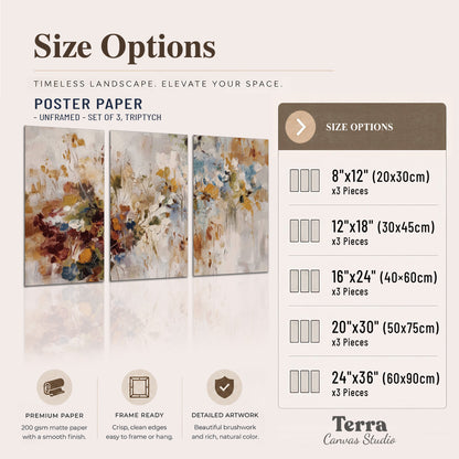 Loose cream, ochre and rust floral shapes with expressive painted-style marks set of 3 poster prints available dimensions; triptych dimensions are per panel