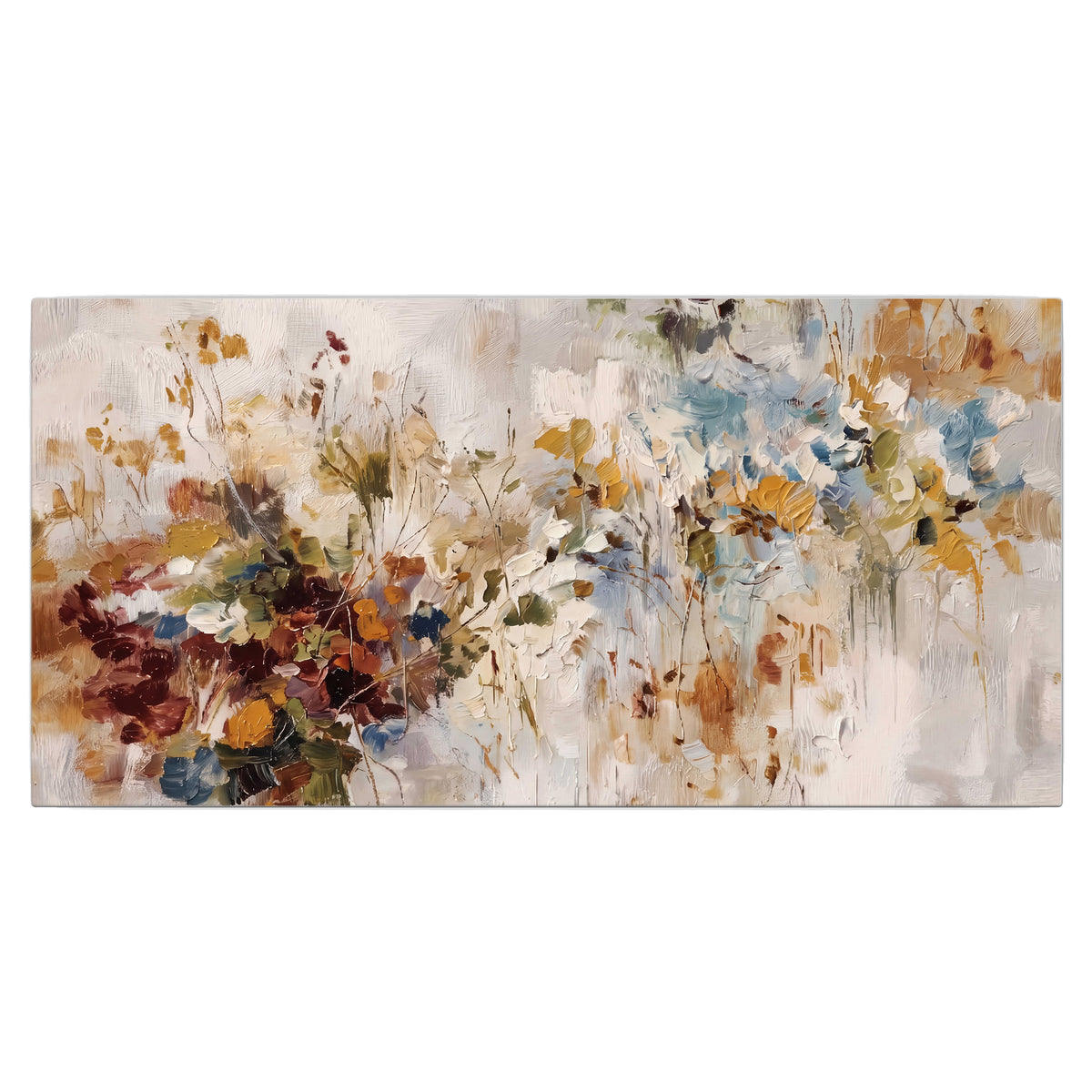 Loose cream, ochre and rust floral shapes with expressive painted-style marks single canvas wall art viewed straight on