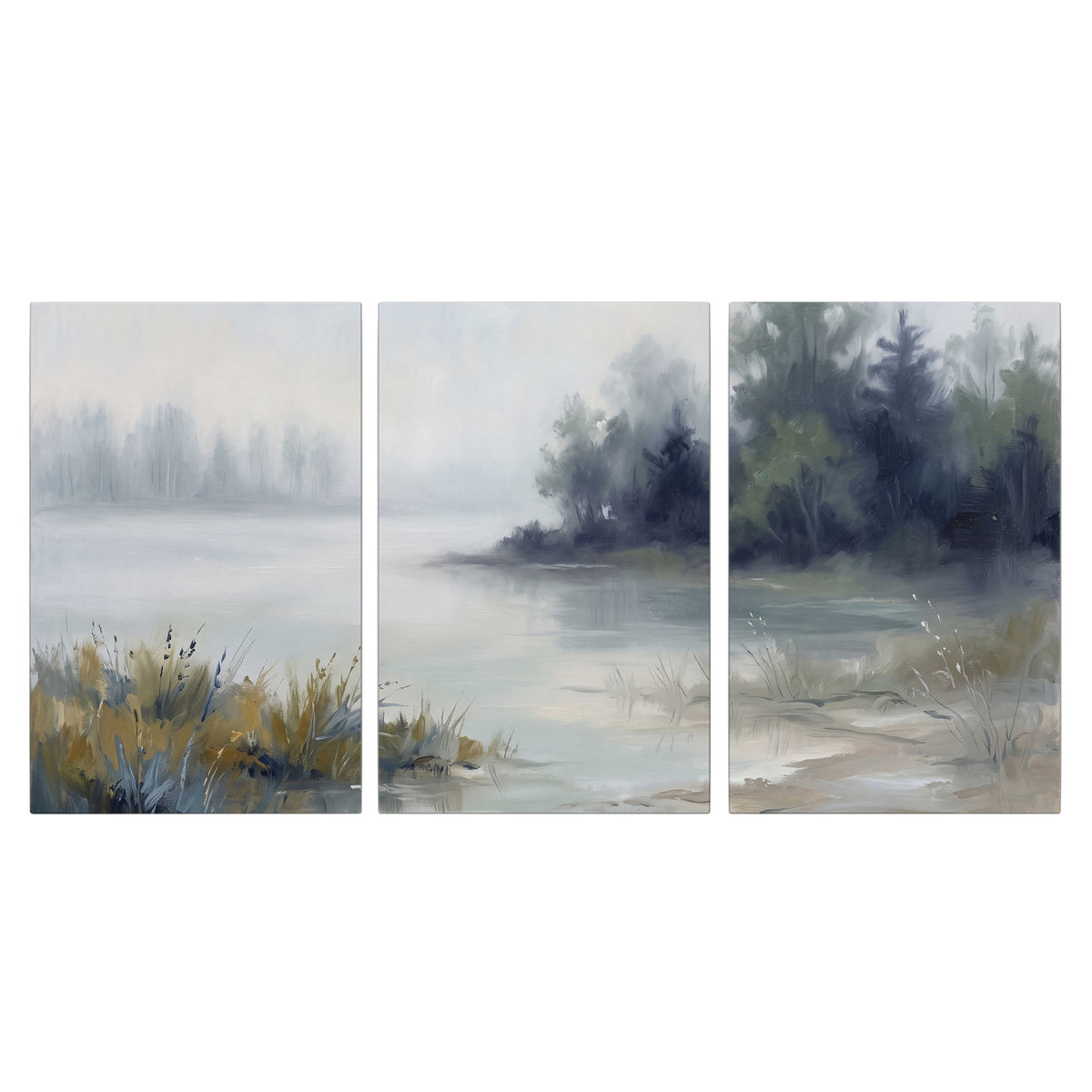 A calm pale lake bordered by dark evergreen trees and distant mist 3 piece canvas wall art viewed straight on