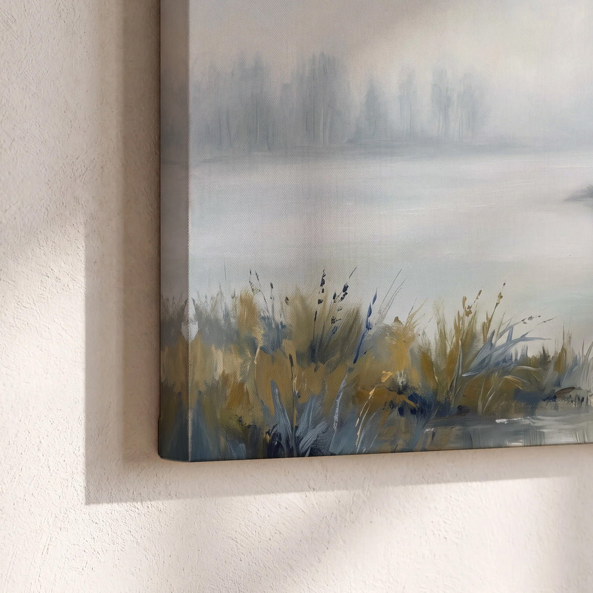 A calm pale lake bordered by dark evergreen trees and distant mist 3 piece canvas wall art material and edge close up