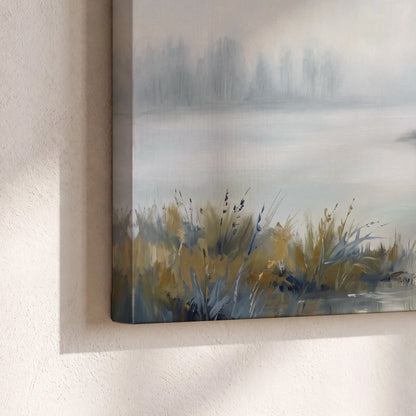 A calm pale lake bordered by dark evergreen trees and distant mist 3 piece canvas wall art material and edge close up