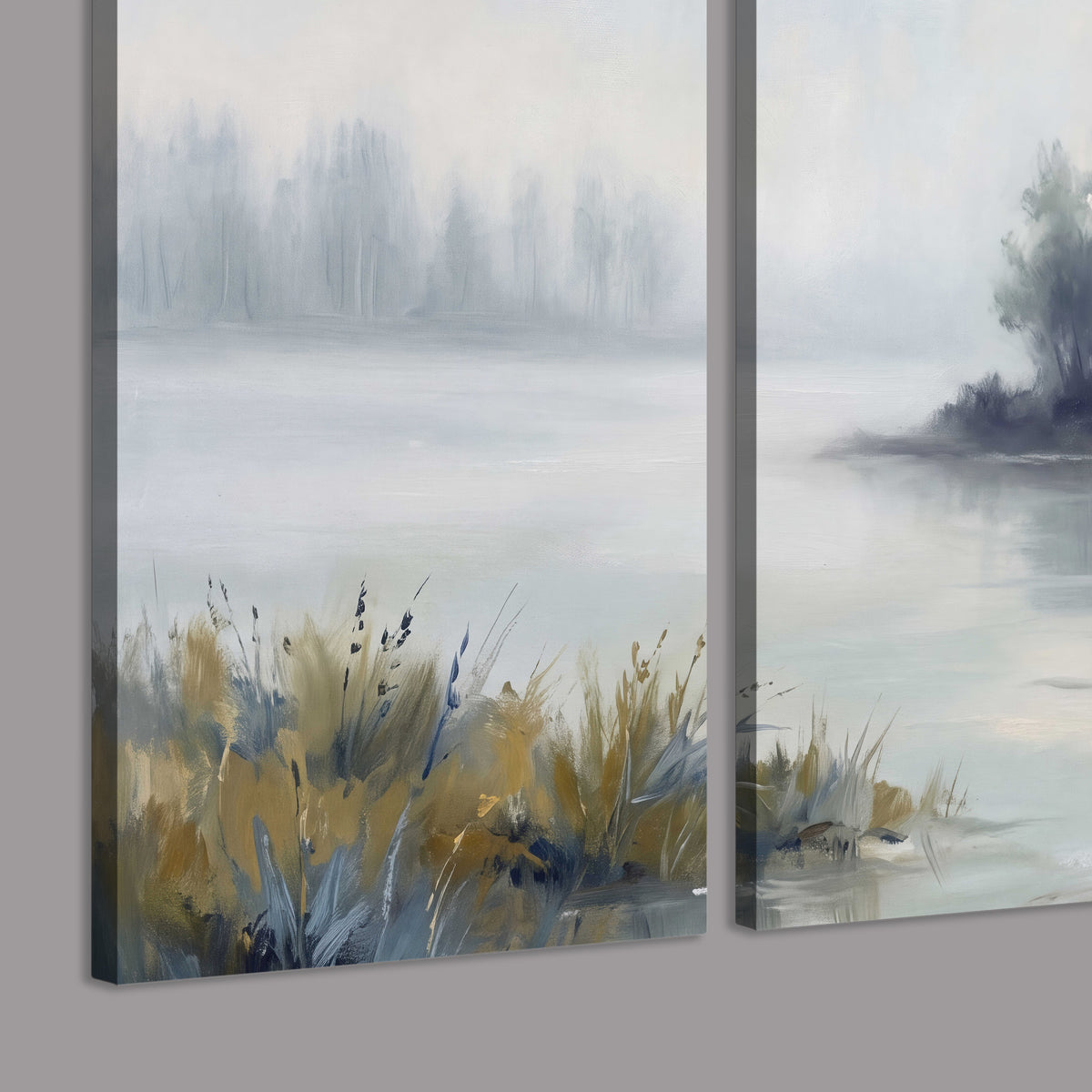 A calm pale lake bordered by dark evergreen trees and distant mist 3 piece canvas wall art room and product view