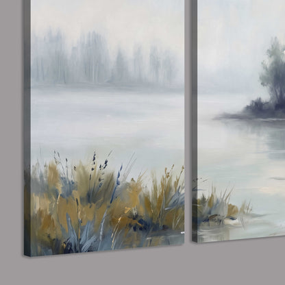 A calm pale lake bordered by dark evergreen trees and distant mist 3 piece canvas wall art room and product view