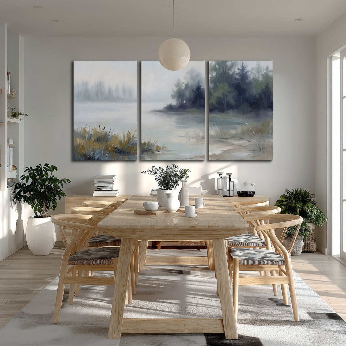 A calm pale lake bordered by dark evergreen trees and distant mist 3 piece canvas wall art room and product view