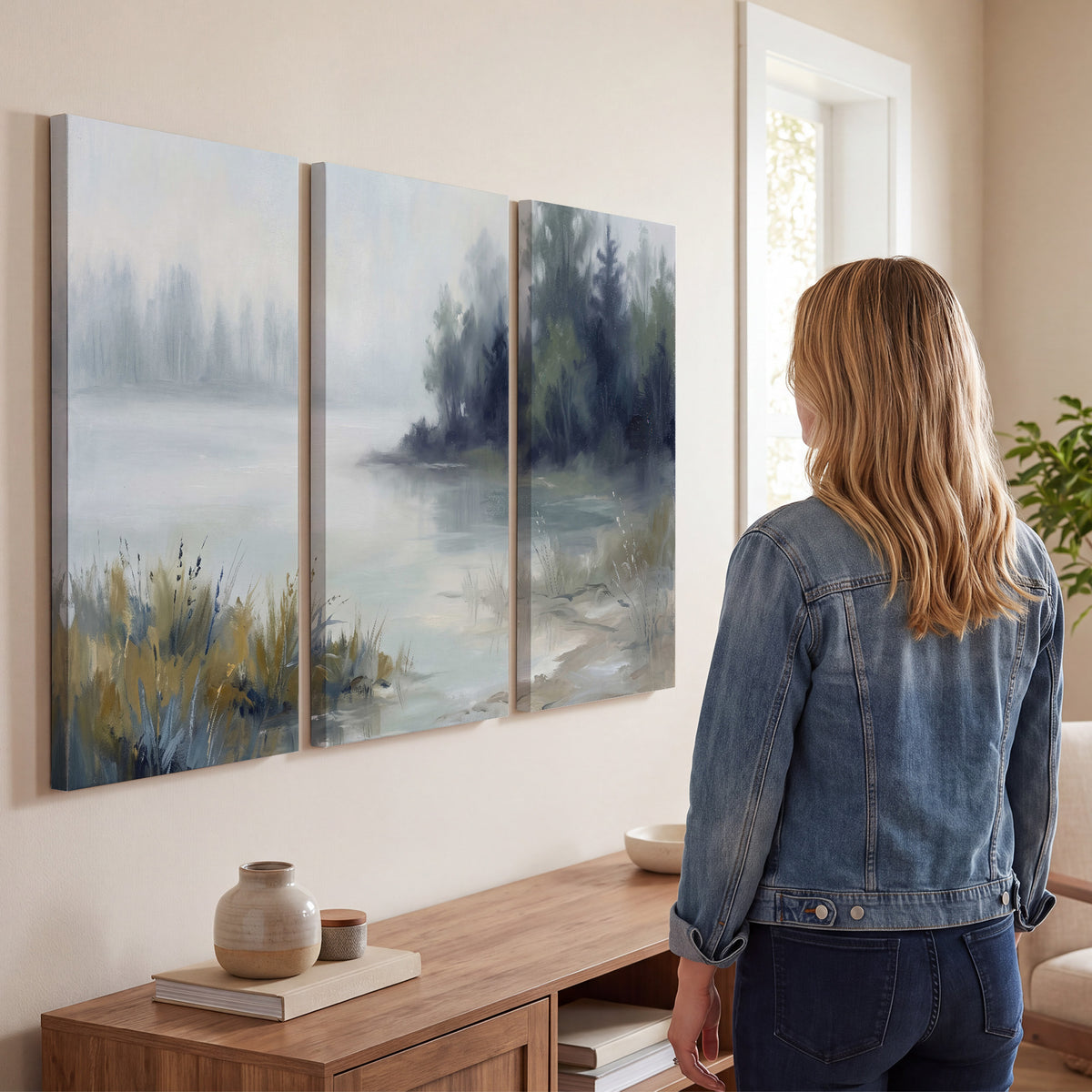A calm pale lake bordered by dark evergreen trees and distant mist 3 piece canvas wall art three panel arrangement on a wall
