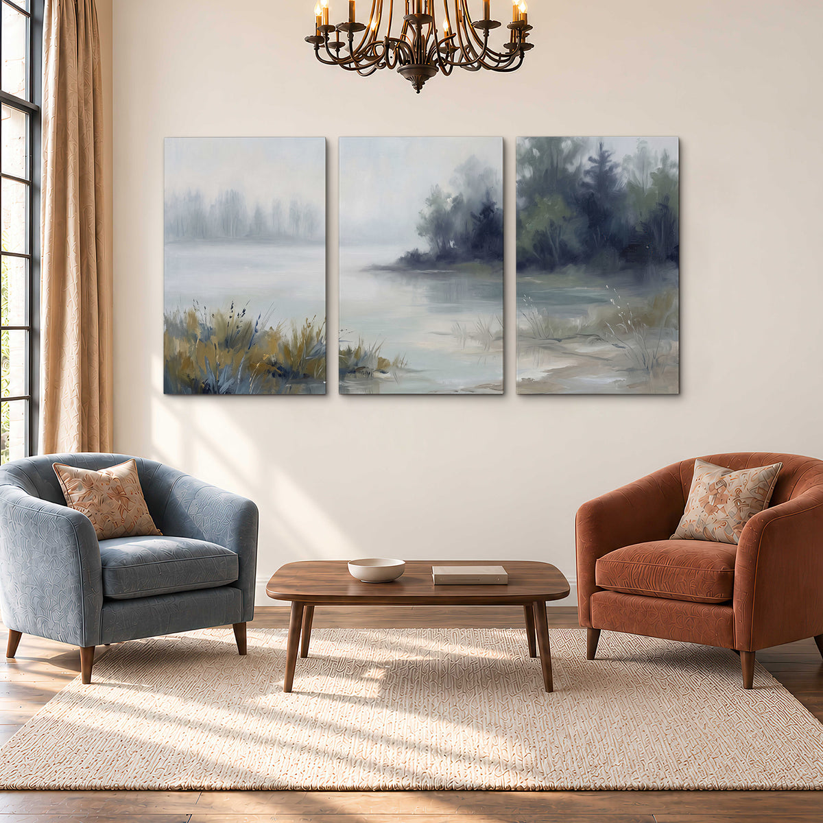A calm pale lake bordered by dark evergreen trees and distant mist 3 piece canvas wall art styled in an interior