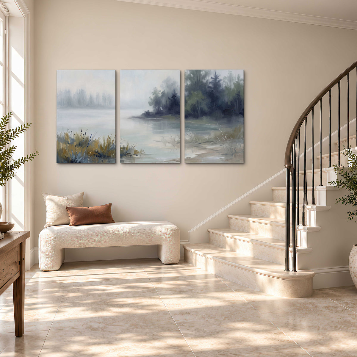 A calm pale lake bordered by dark evergreen trees and distant mist 3 piece canvas wall art styled in an interior