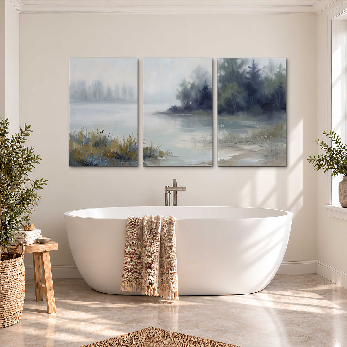 A calm pale lake bordered by dark evergreen trees and distant mist 3 piece canvas wall art styled in an interior