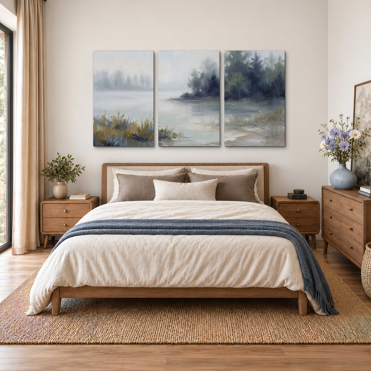 A calm pale lake bordered by dark evergreen trees and distant mist 3 piece canvas wall art styled in an interior