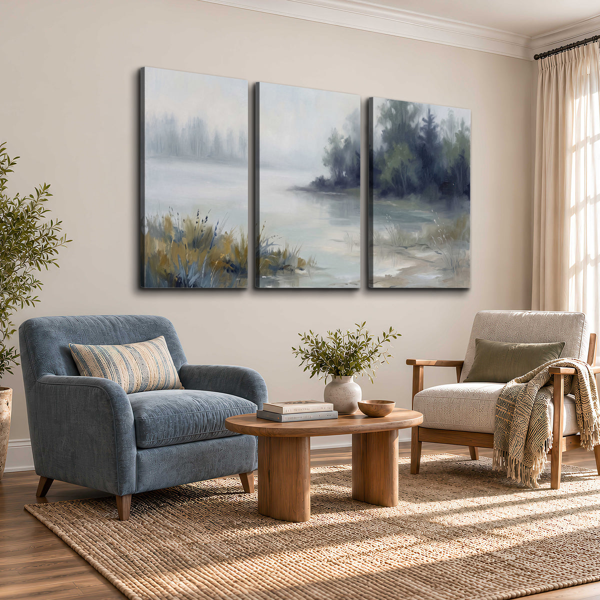 A calm pale lake bordered by dark evergreen trees and distant mist 3 piece canvas wall art styled in an interior