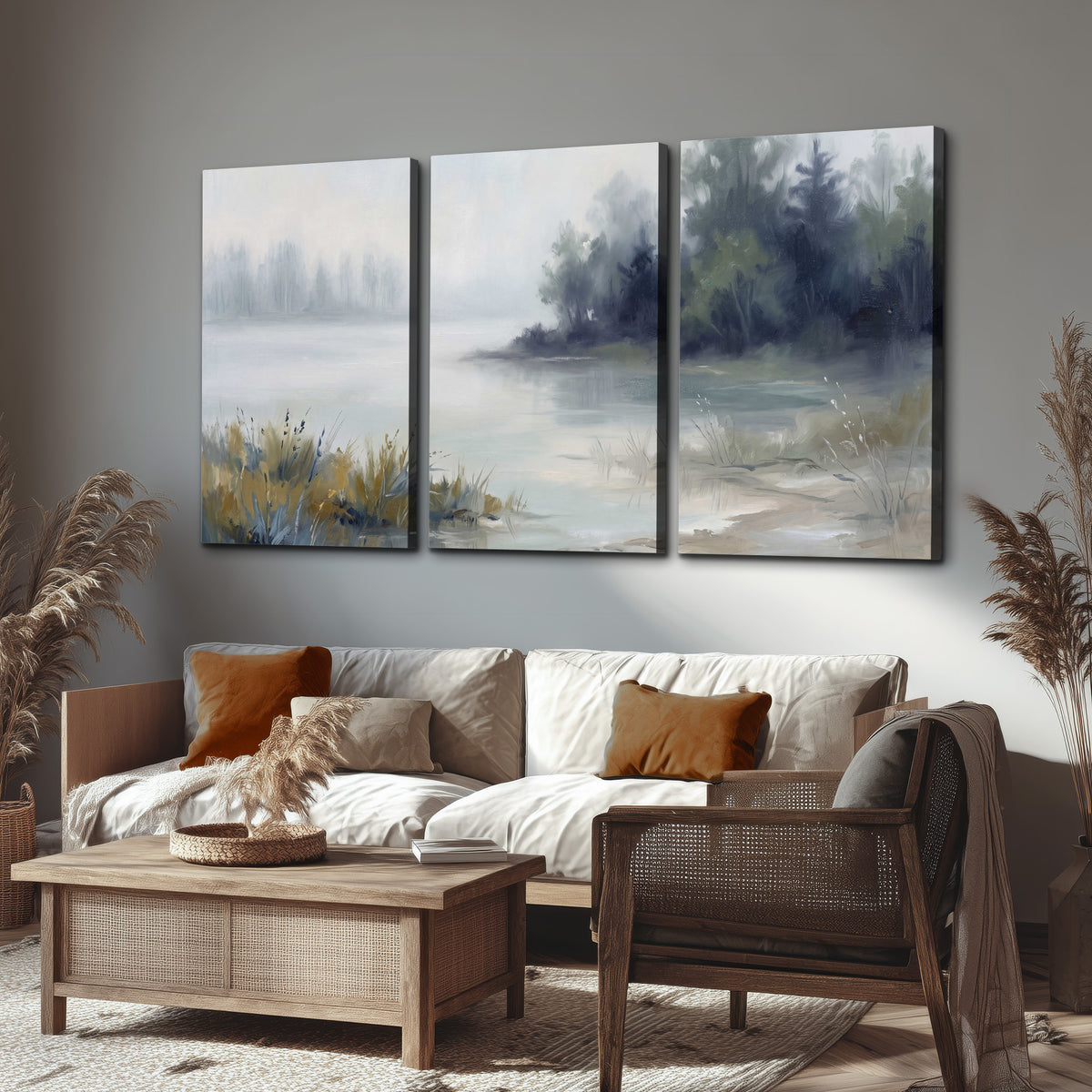 A calm pale lake bordered by dark evergreen trees and distant mist 3 piece canvas wall art displayed in a rustic living room