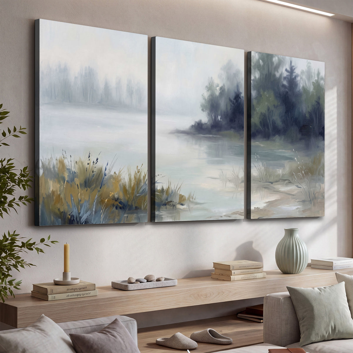 A calm pale lake bordered by dark evergreen trees and distant mist 3 piece canvas wall art displayed in a console