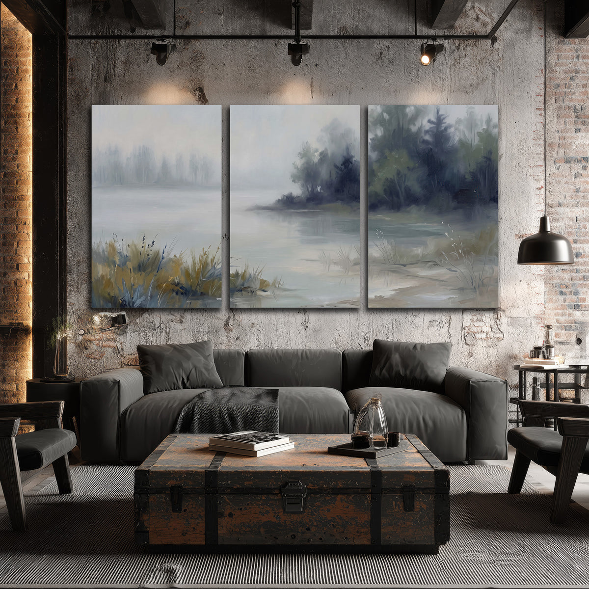 A calm pale lake bordered by dark evergreen trees and distant mist 3 piece canvas wall art displayed in a industrial room