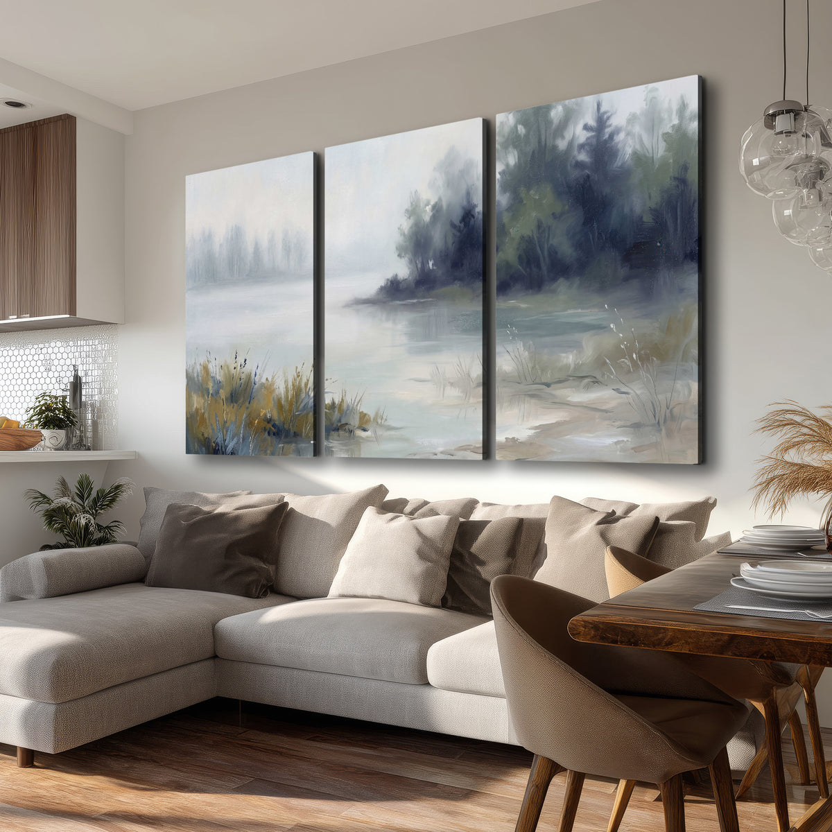 A calm pale lake bordered by dark evergreen trees and distant mist 3 piece canvas wall art room and product view