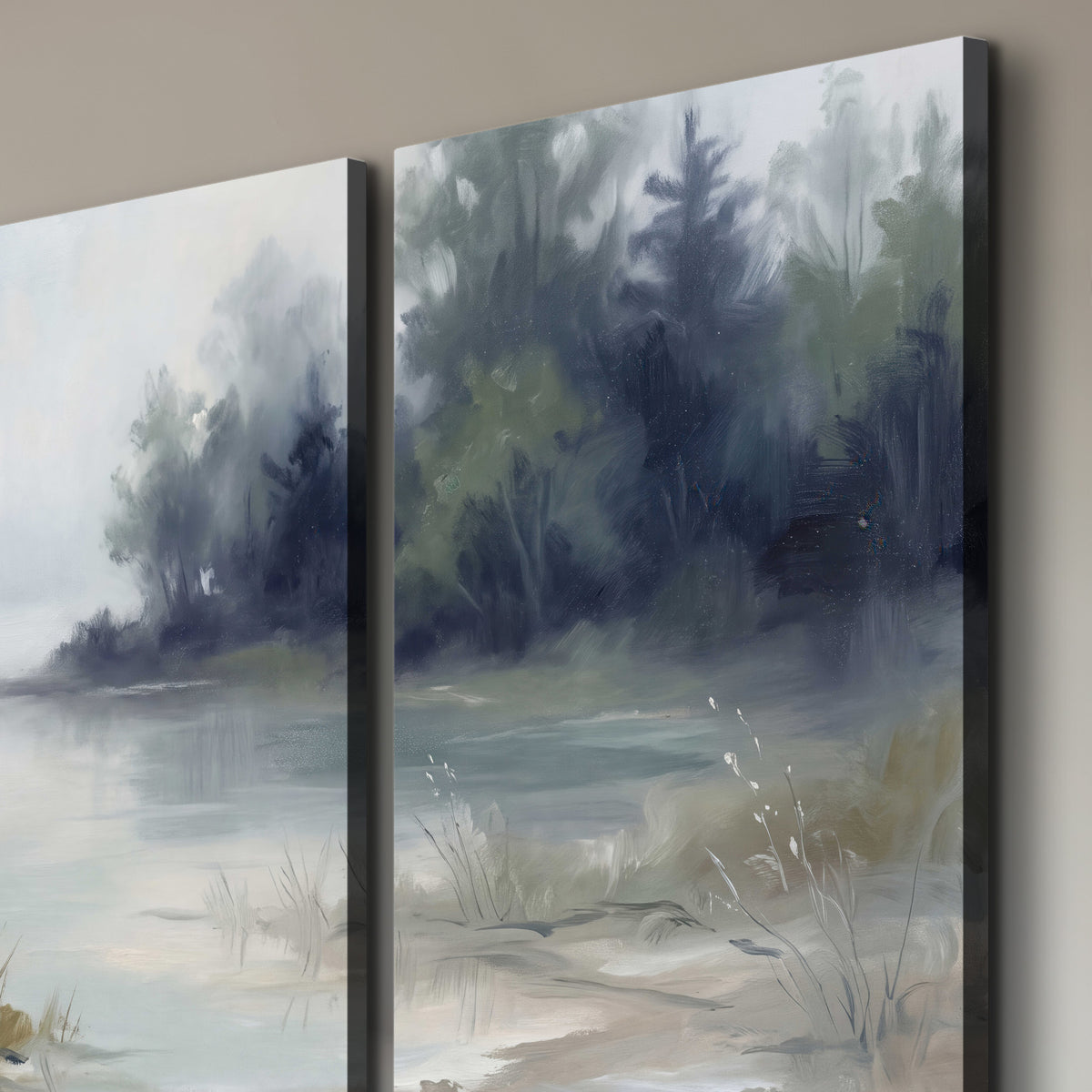A calm pale lake bordered by dark evergreen trees and distant mist 3 piece canvas wall art room and product view