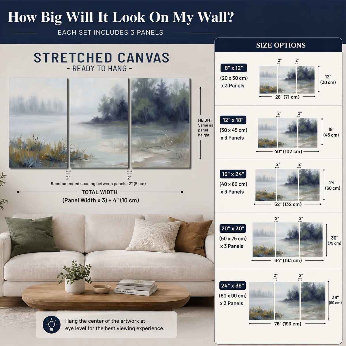A calm pale lake bordered by dark evergreen trees and distant mist 3 piece canvas wall art size guide above a sofa; room view is illustrative