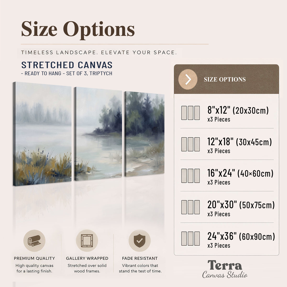 A calm pale lake bordered by dark evergreen trees and distant mist 3 piece canvas wall art available dimensions; triptych dimensions are per panel