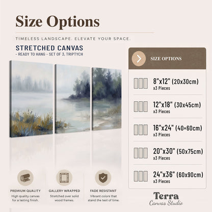 A calm pale lake bordered by dark evergreen trees and distant mist 3 piece canvas wall art available dimensions; triptych dimensions are per panel
