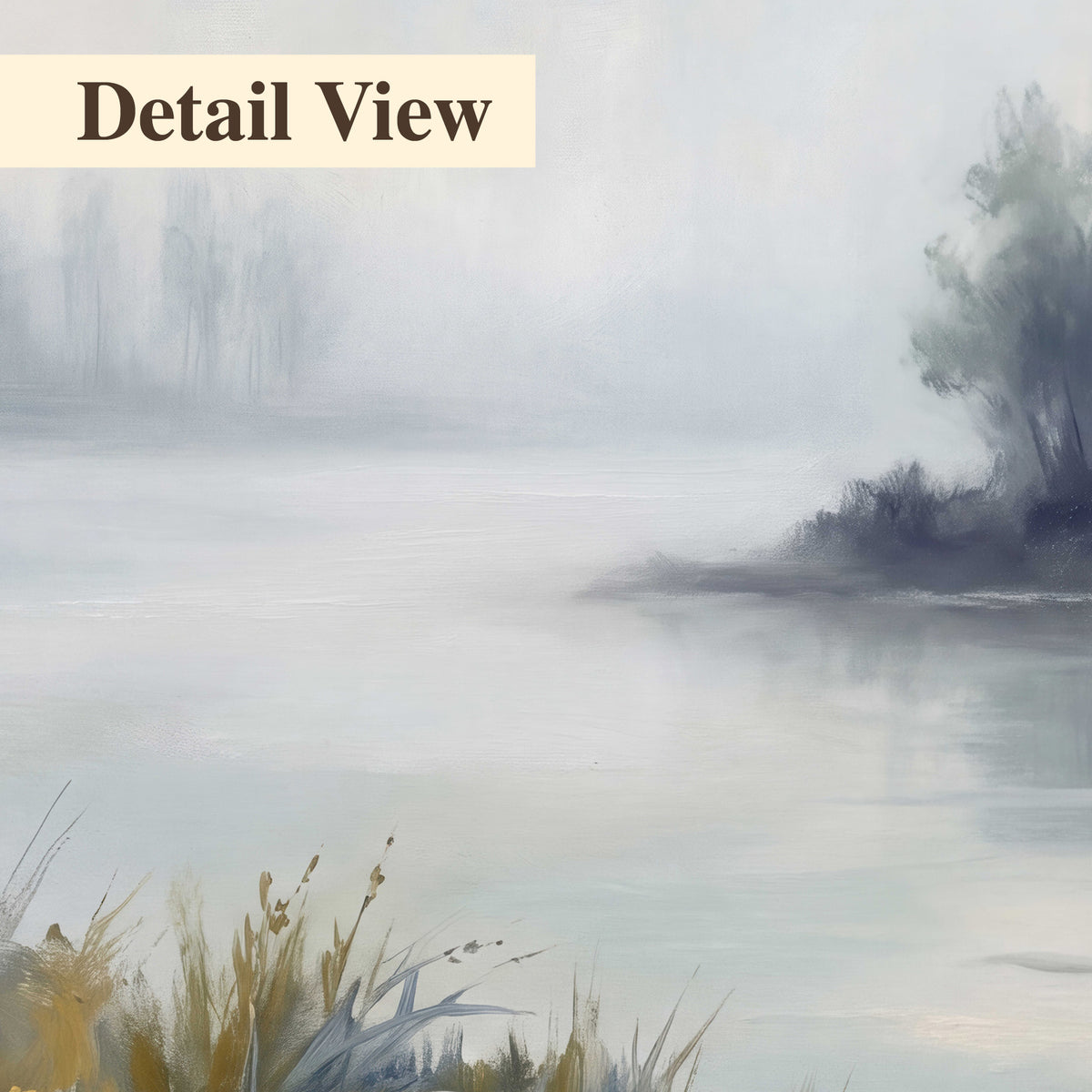 A calm pale lake bordered by dark evergreen trees and distant mist 3 piece canvas wall art artwork detail close up