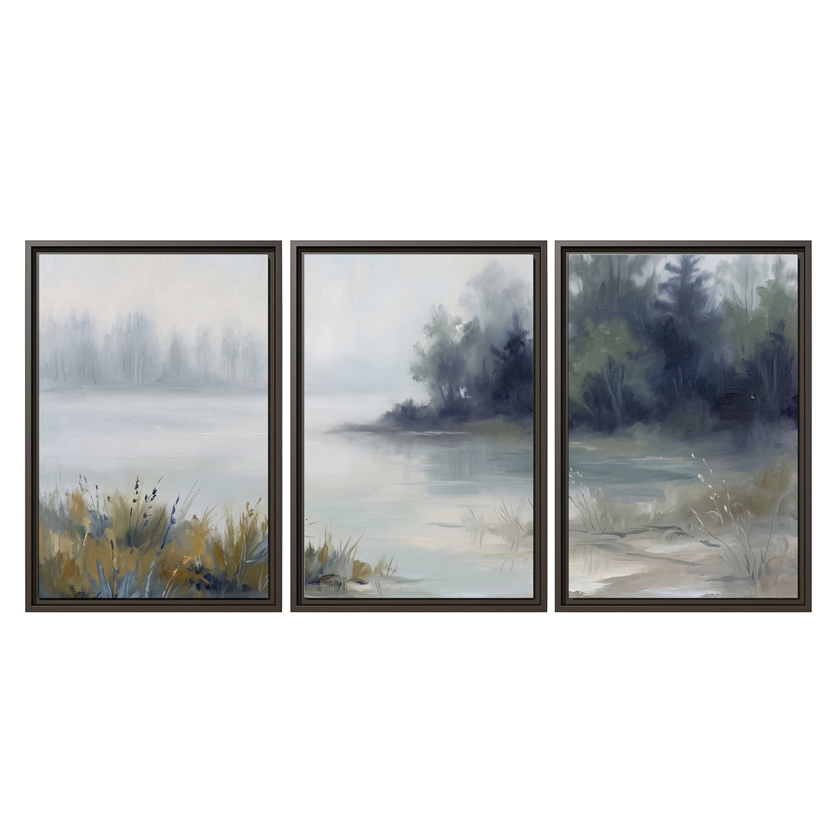A calm pale lake bordered by dark evergreen trees and distant mist 3 piece framed canvas wall art viewed straight on