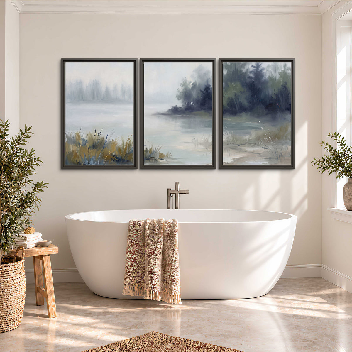 A calm pale lake bordered by dark evergreen trees and distant mist 3 piece framed canvas wall art styled in an interior