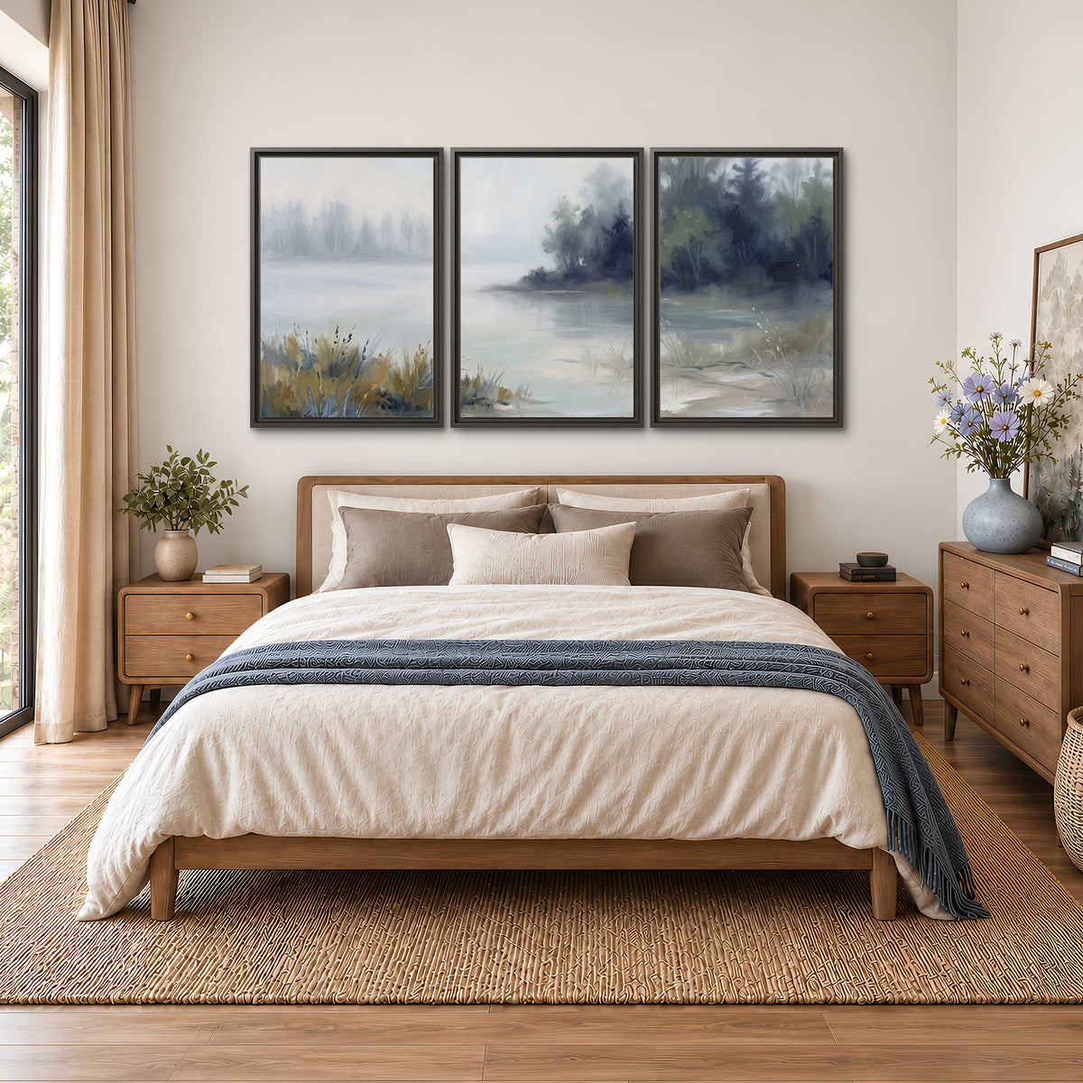A calm pale lake bordered by dark evergreen trees and distant mist 3 piece framed canvas wall art styled in an interior