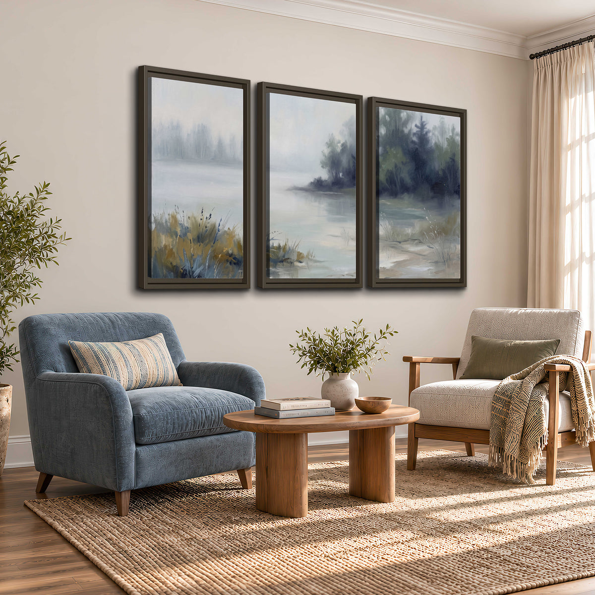 A calm pale lake bordered by dark evergreen trees and distant mist 3 piece framed canvas wall art styled in an interior