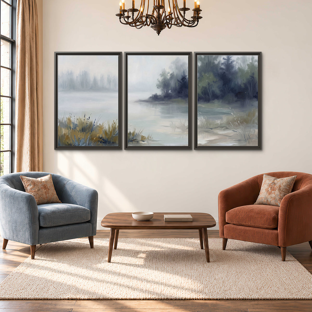 A calm pale lake bordered by dark evergreen trees and distant mist 3 piece framed canvas wall art styled in an interior