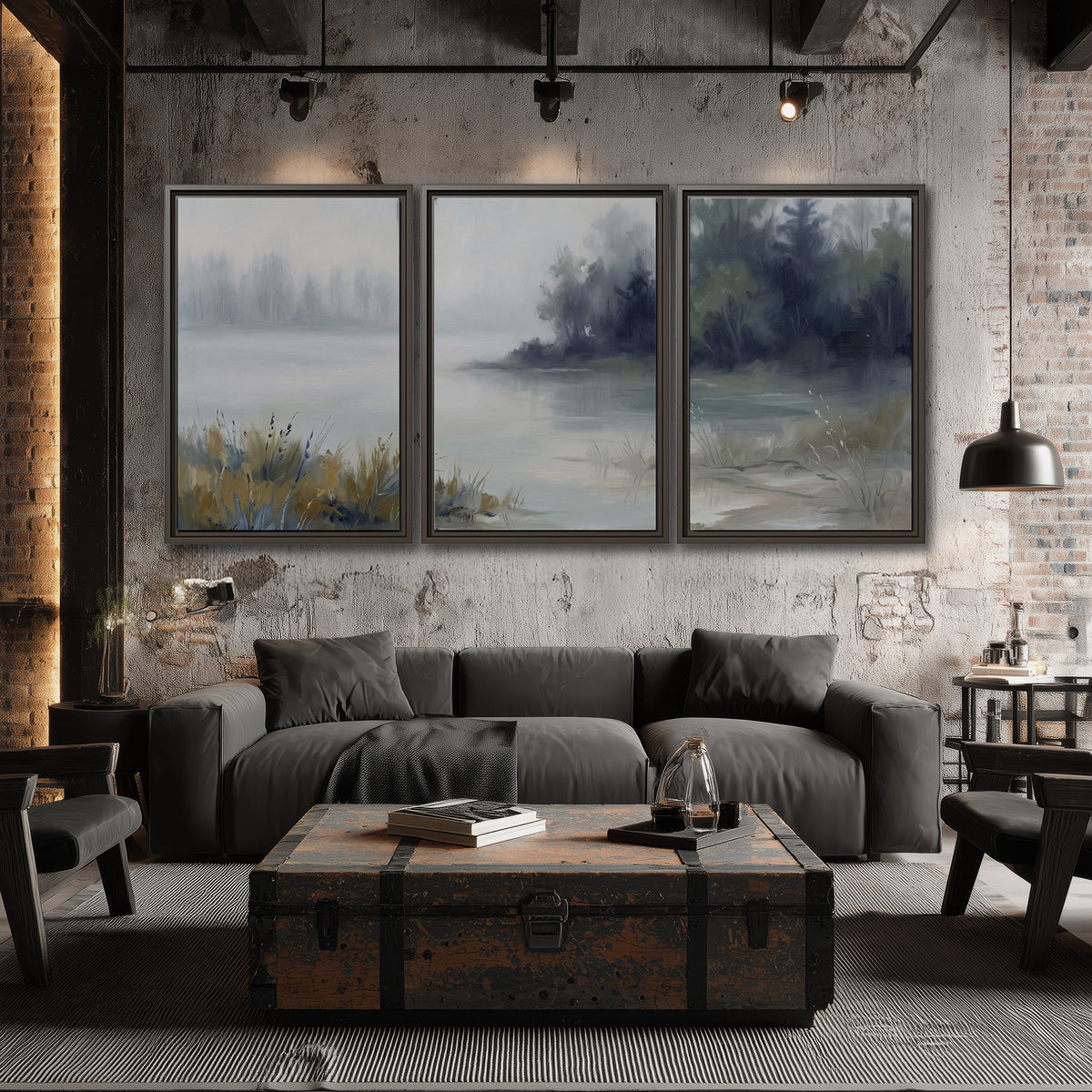 A calm pale lake bordered by dark evergreen trees and distant mist 3 piece framed canvas wall art displayed in a industrial room