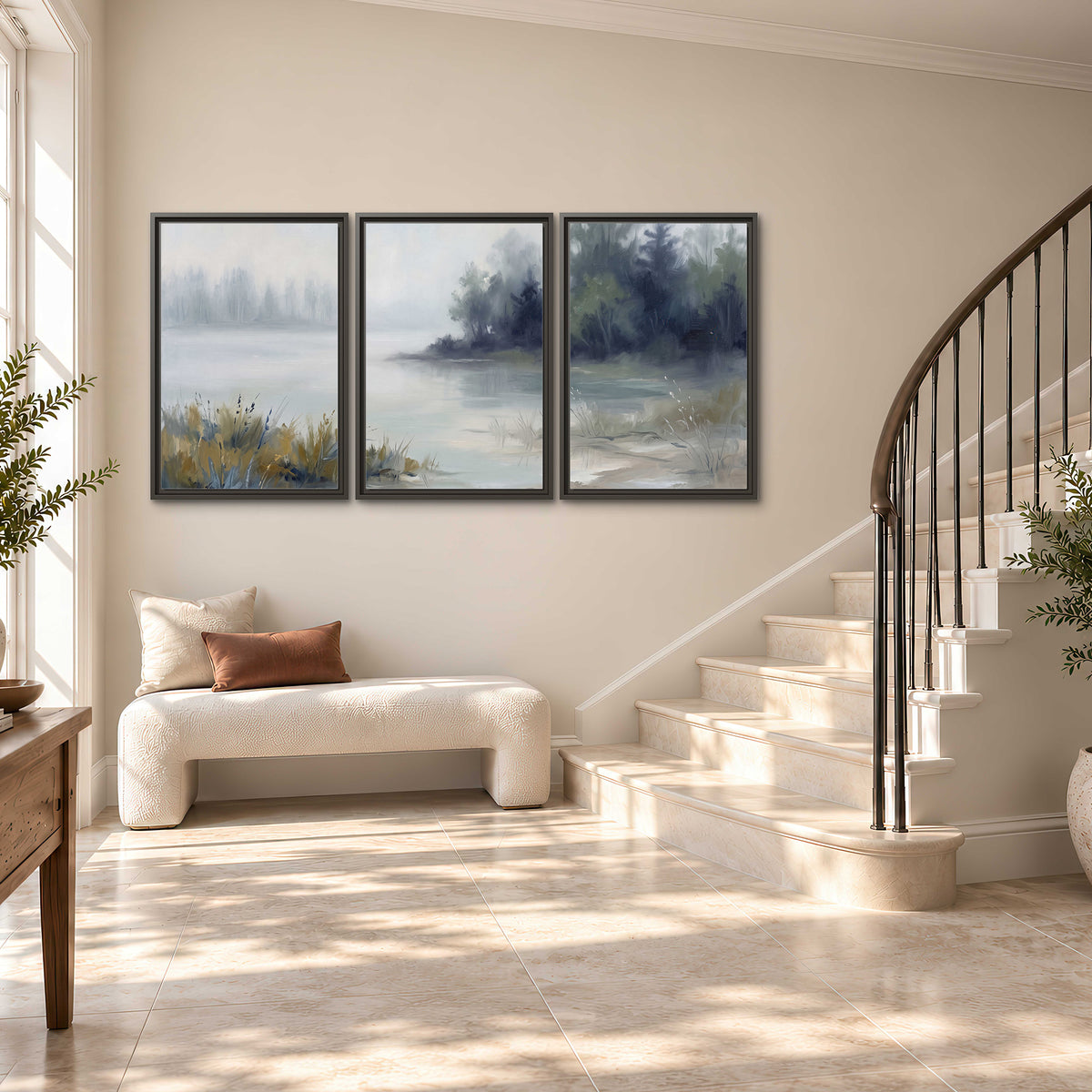 A calm pale lake bordered by dark evergreen trees and distant mist 3 piece framed canvas wall art styled in an interior
