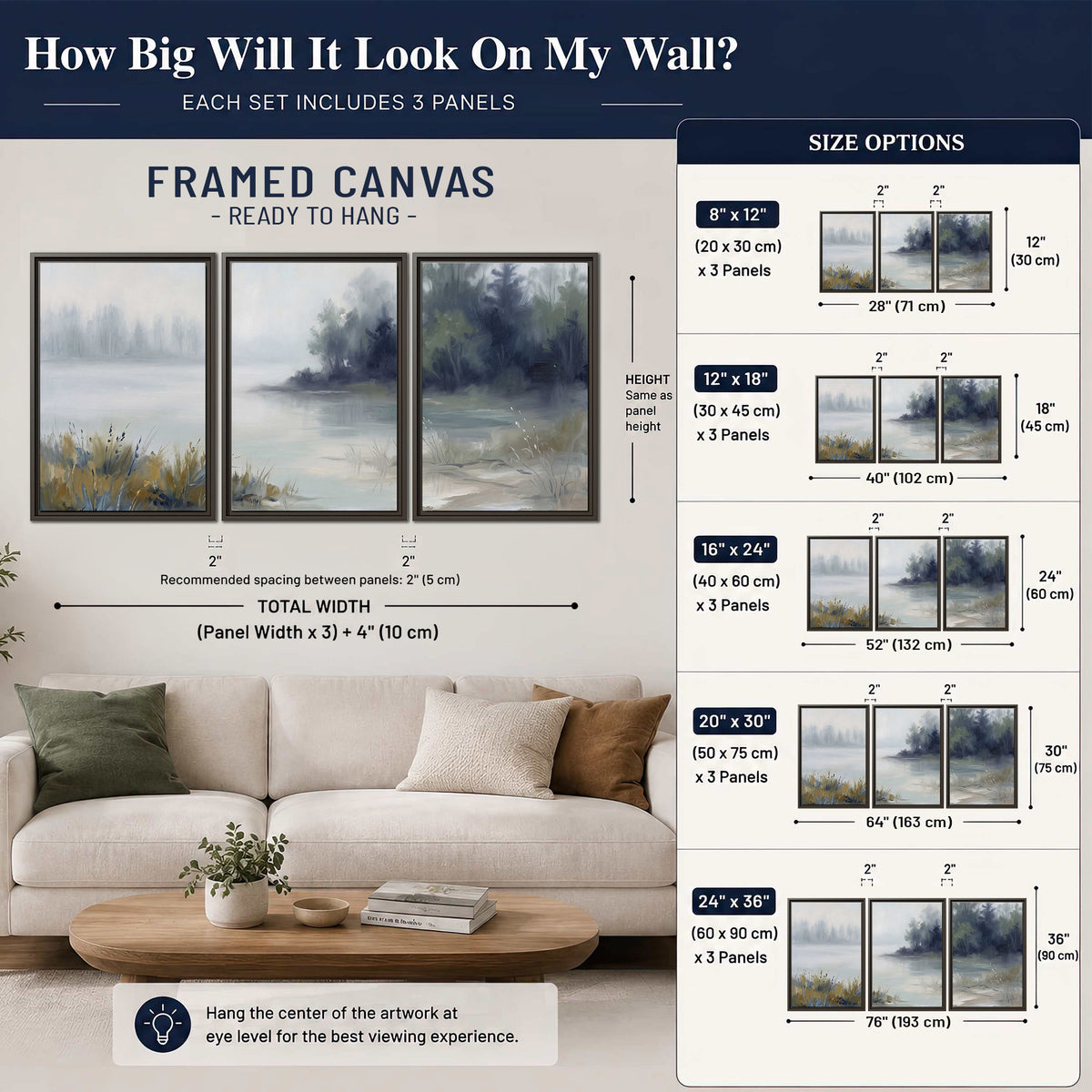 A calm pale lake bordered by dark evergreen trees and distant mist 3 piece framed canvas wall art size guide above a sofa; room view is illustrative