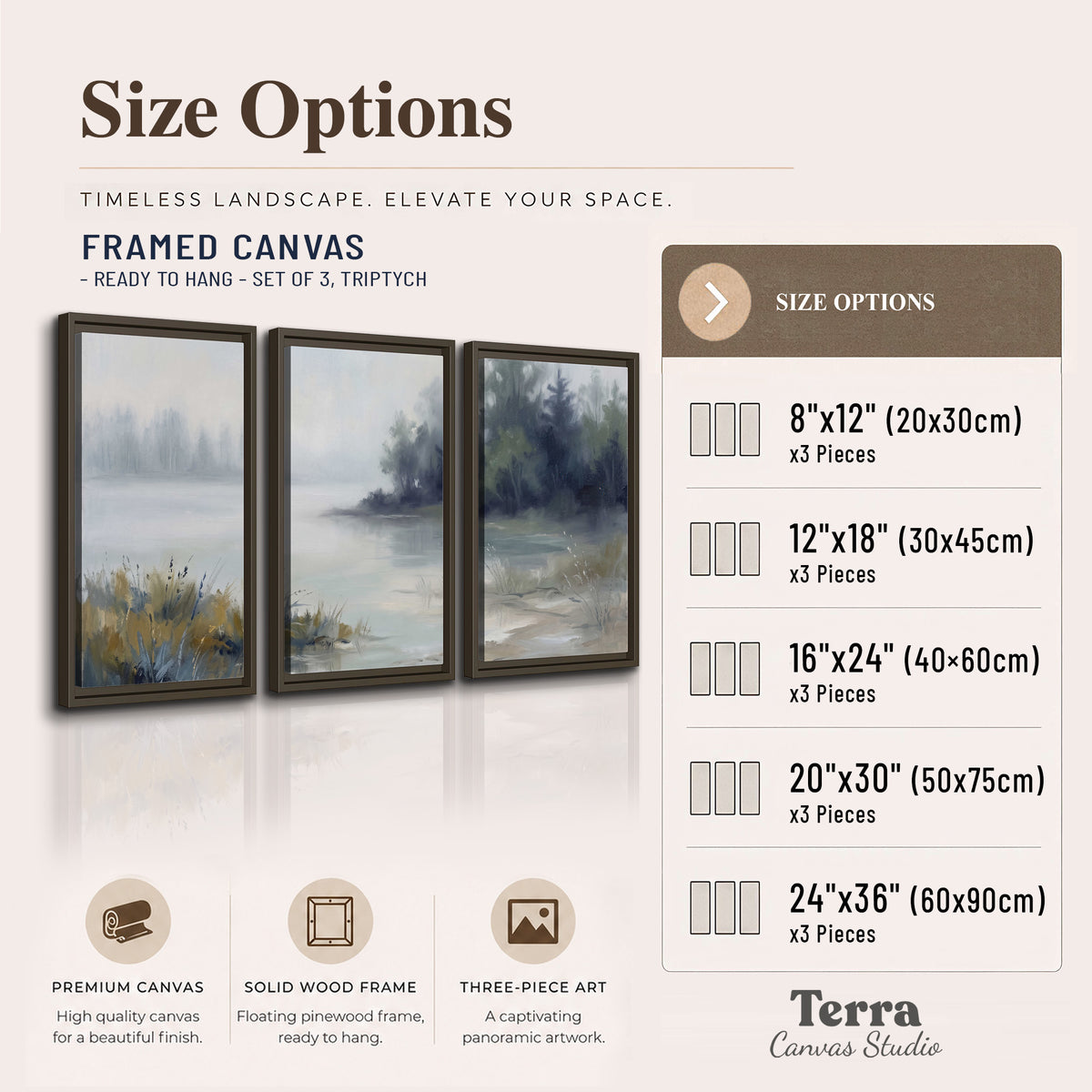 A calm pale lake bordered by dark evergreen trees and distant mist 3 piece framed canvas wall art available dimensions; triptych dimensions are per panel