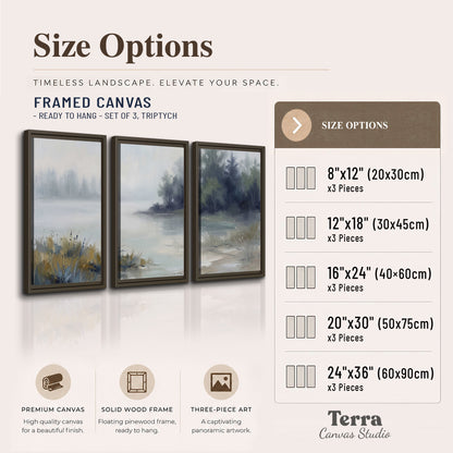 A calm pale lake bordered by dark evergreen trees and distant mist 3 piece framed canvas wall art available dimensions; triptych dimensions are per panel