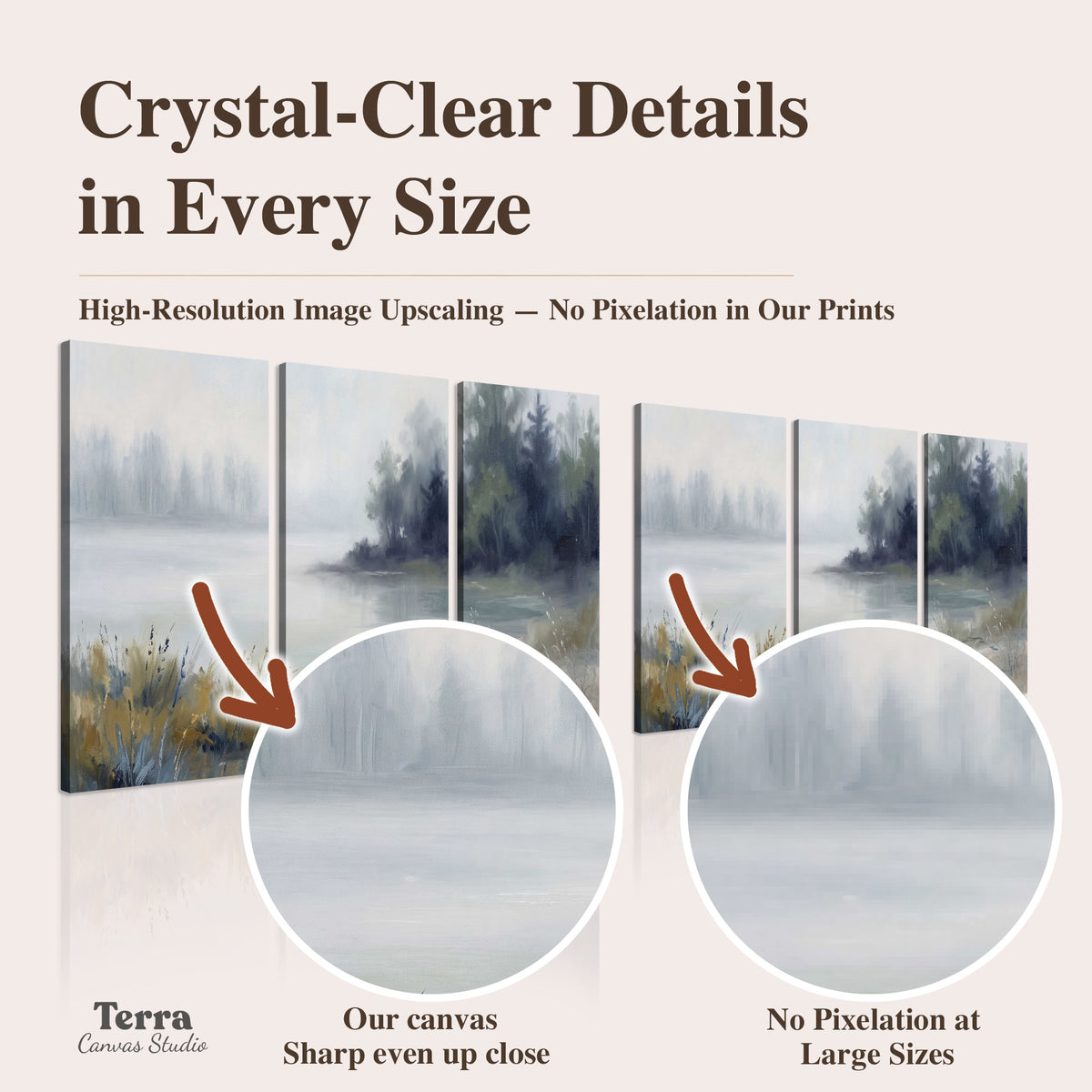 A calm pale lake bordered by dark evergreen trees and distant mist artwork quality information