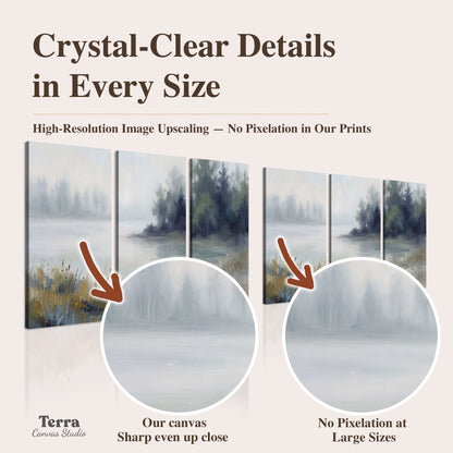 A calm pale lake bordered by dark evergreen trees and distant mist artwork quality information