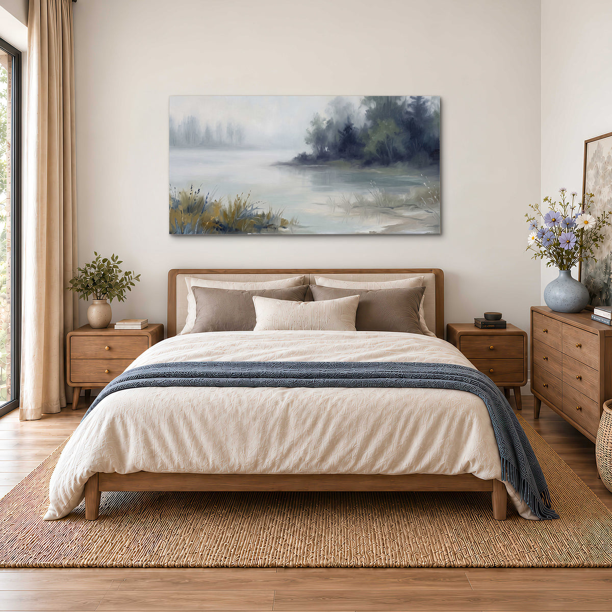 A calm pale lake bordered by dark evergreen trees and distant mist single canvas wall art styled in an interior