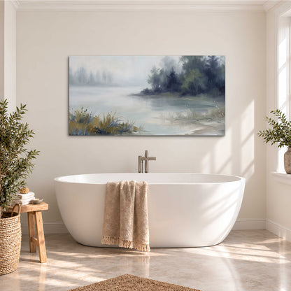 A calm pale lake bordered by dark evergreen trees and distant mist single canvas wall art styled in an interior