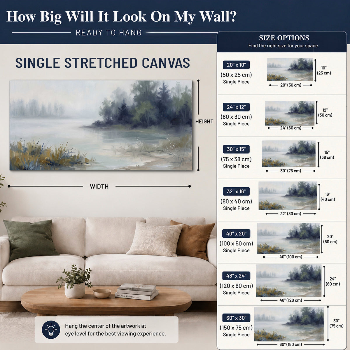 A calm pale lake bordered by dark evergreen trees and distant mist single canvas wall art size guide above a sofa; room view is illustrative