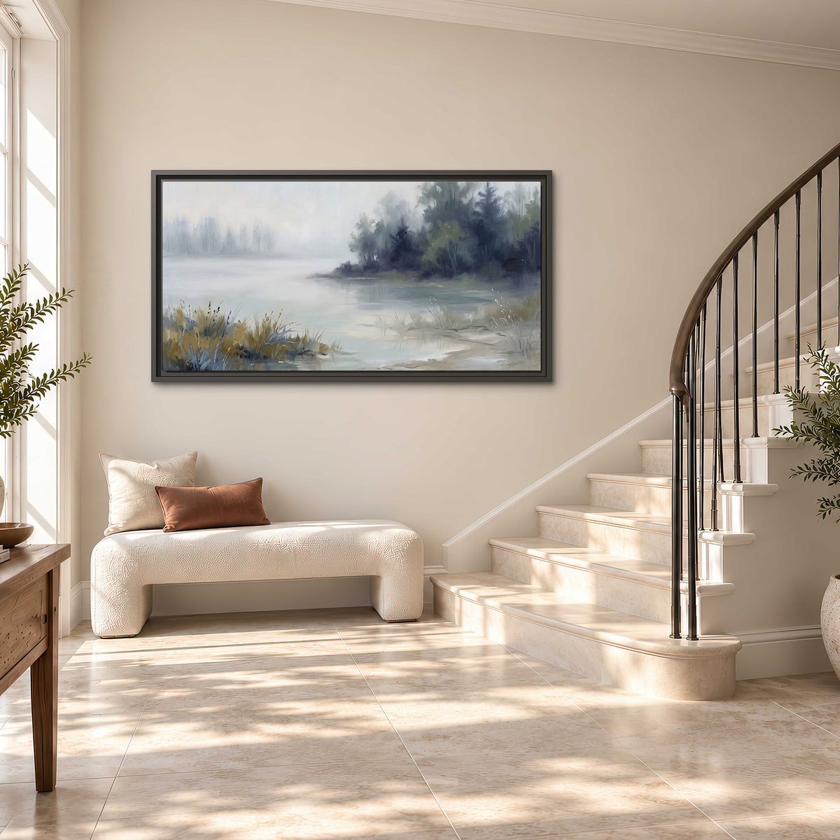 A calm pale lake bordered by dark evergreen trees and distant mist single framed canvas wall art styled in an interior