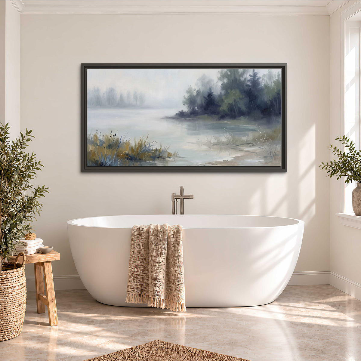 A calm pale lake bordered by dark evergreen trees and distant mist single framed canvas wall art styled in an interior