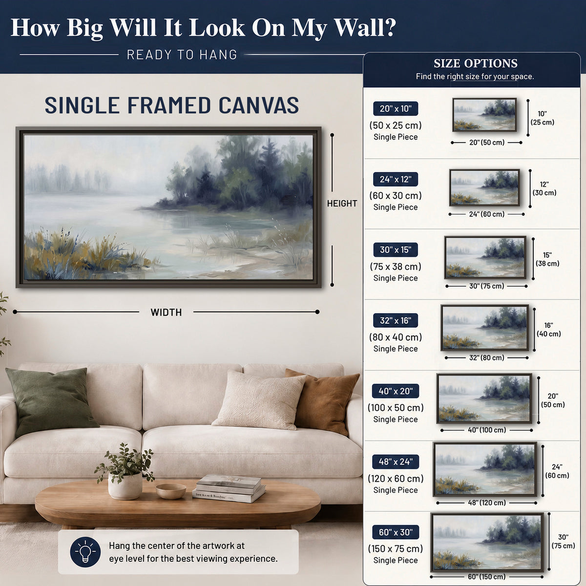 A calm pale lake bordered by dark evergreen trees and distant mist single framed canvas wall art size guide above a sofa; room view is illustrative
